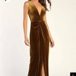 Lulus Beautiful Evenings Dark Mustard Velvet Twist-Front Maxi Dress Small